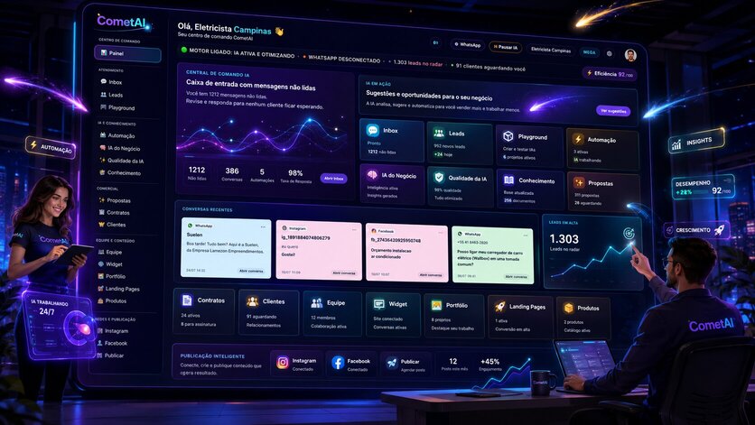 Painel do CometAI reunindo atendimento, leads, automações e ferramentas comerciais